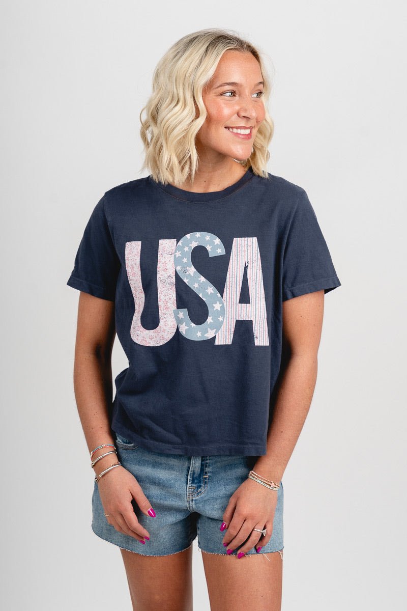 USA floral stars & stripes tee navy - Fun T-shirt - Unique American Summer Ideas at Lush Fashion Lounge Boutique in Oklahoma