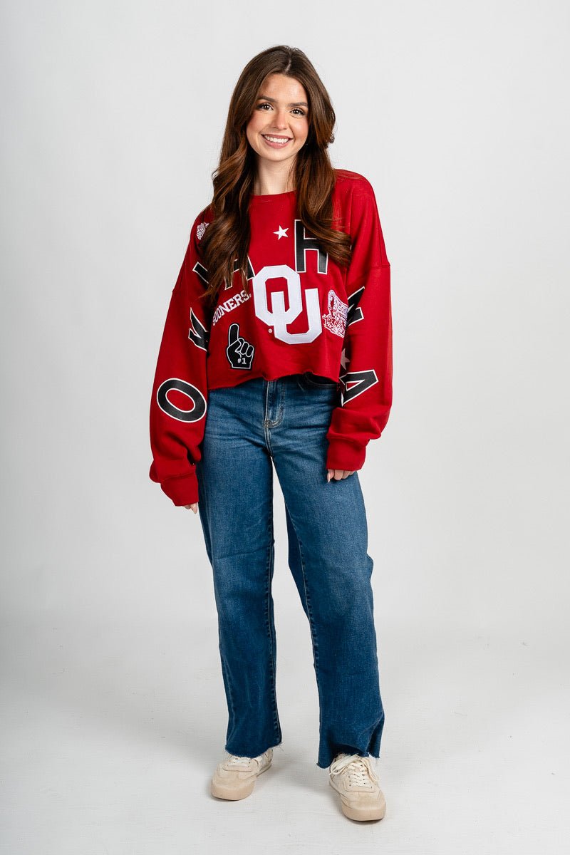 OU OU Sooners patched up crop sweatshirt crimson Sweatshirt | Lush Fashion Lounge Trendy Oklahoma University Sooners Apparel & Cute Gameday T-Shirts
