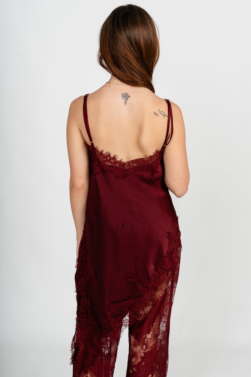 Asymmetrical lace trim cami burgundy
