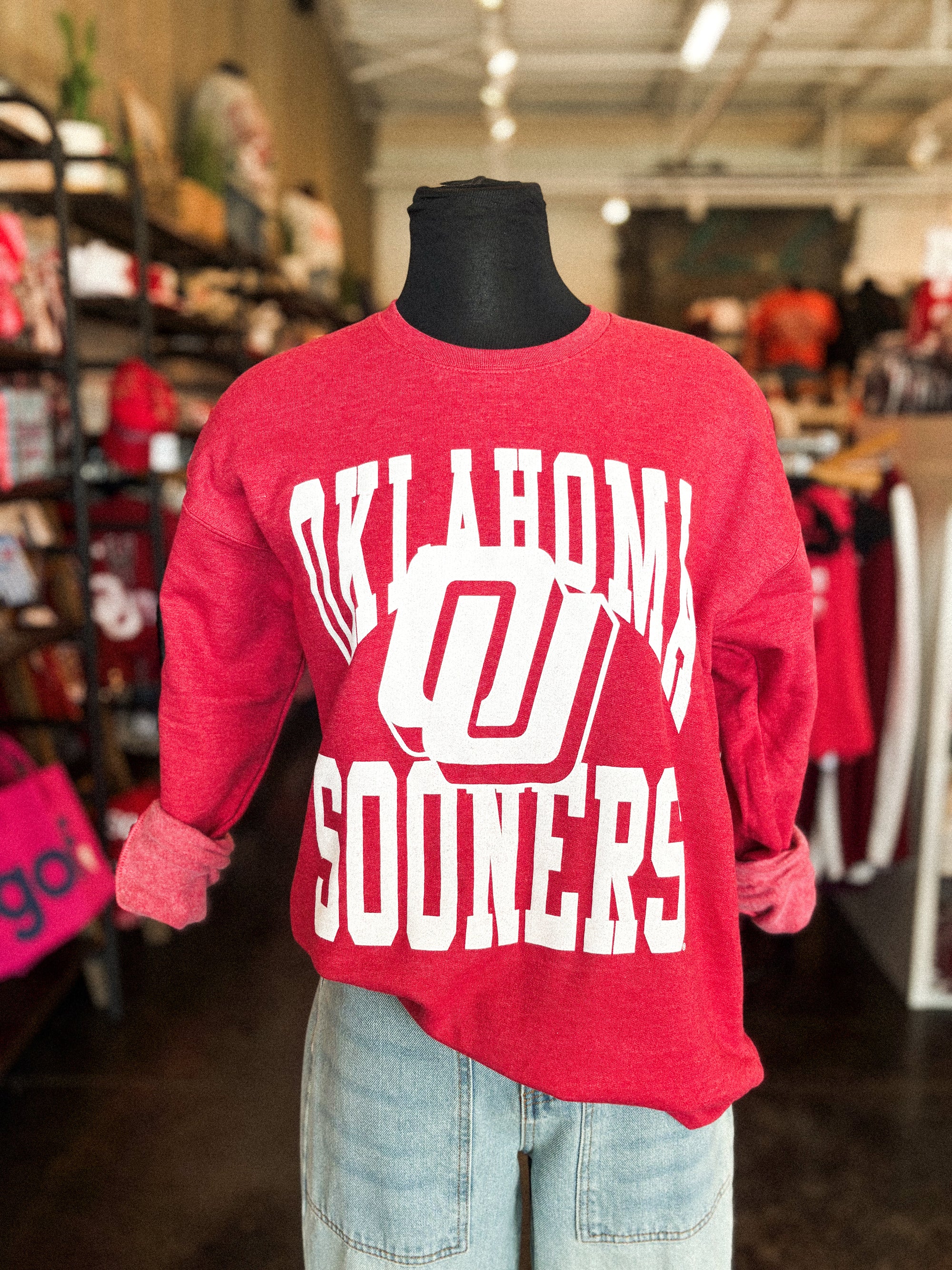 OU OU logo center champ fleece sweatshirt crimson T-shirt | Lush Fashion Lounge Trendy Oklahoma University Sooners Apparel & Cute Gameday T-Shirts