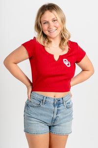 OU OU Sooners Cali baby tee cardinal T-shirt | Lush Fashion Lounge Trendy Oklahoma University Sooners Apparel & Cute Gameday T-Shirts