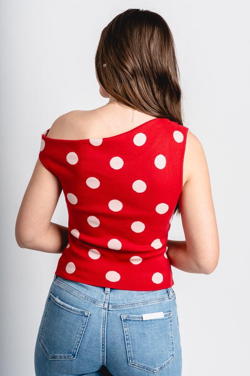Asymmetrical polka dot sleeveless sweater red/pink