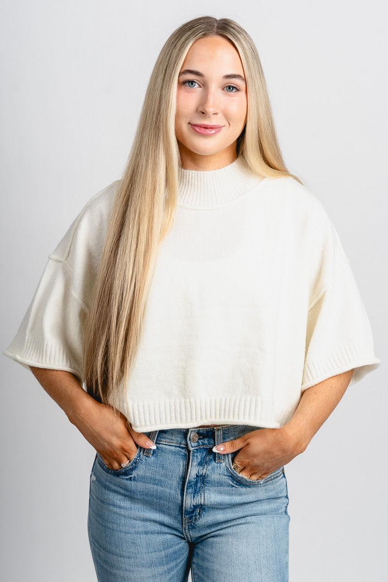 Short sleeve mock neck sweater off white – Unique Sweaters | Lounging Sweaters and Womens Fashion Sweaters at Lush Fashion Lounge Boutique in Oklahoma City