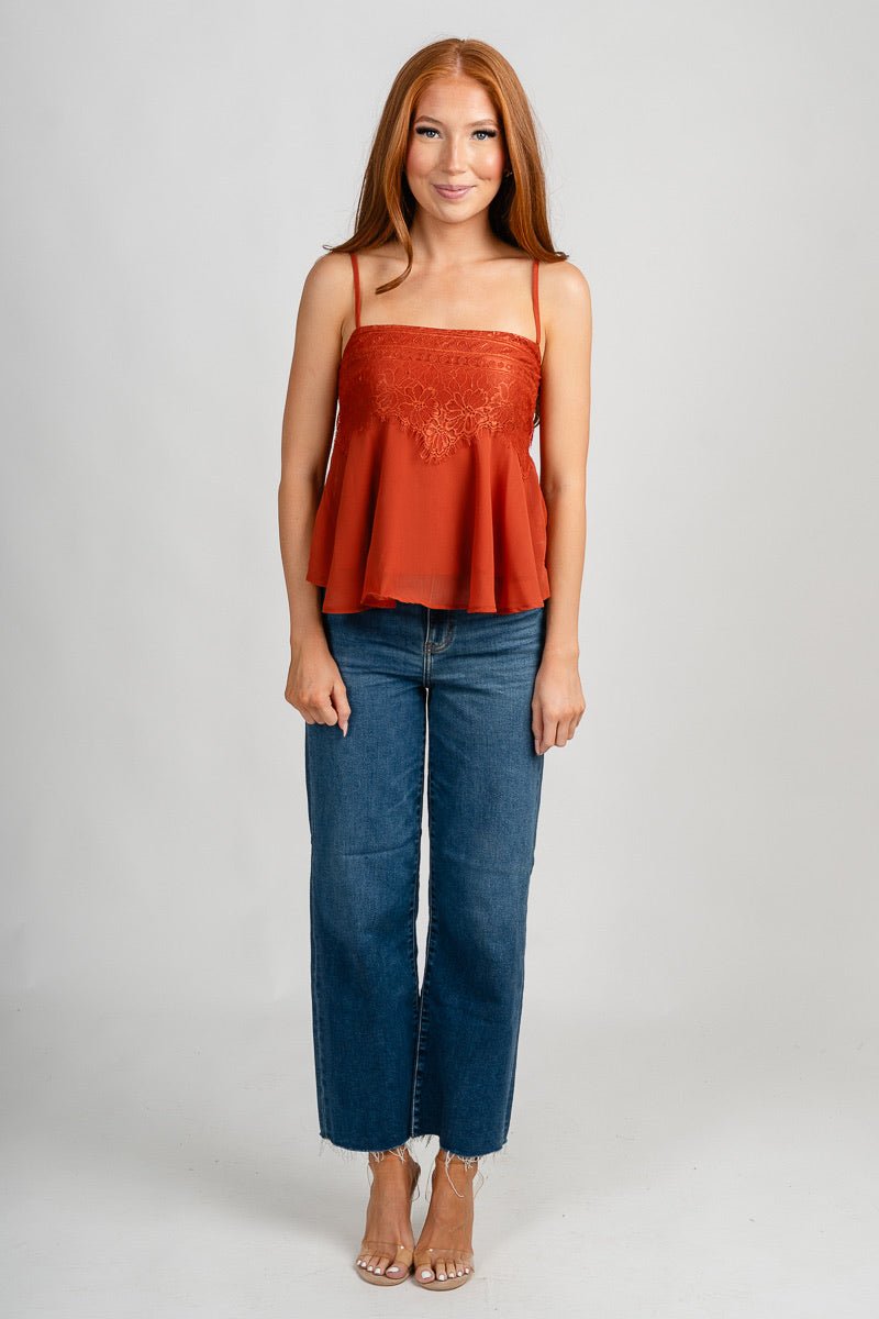 Smocked lace detail cami rust