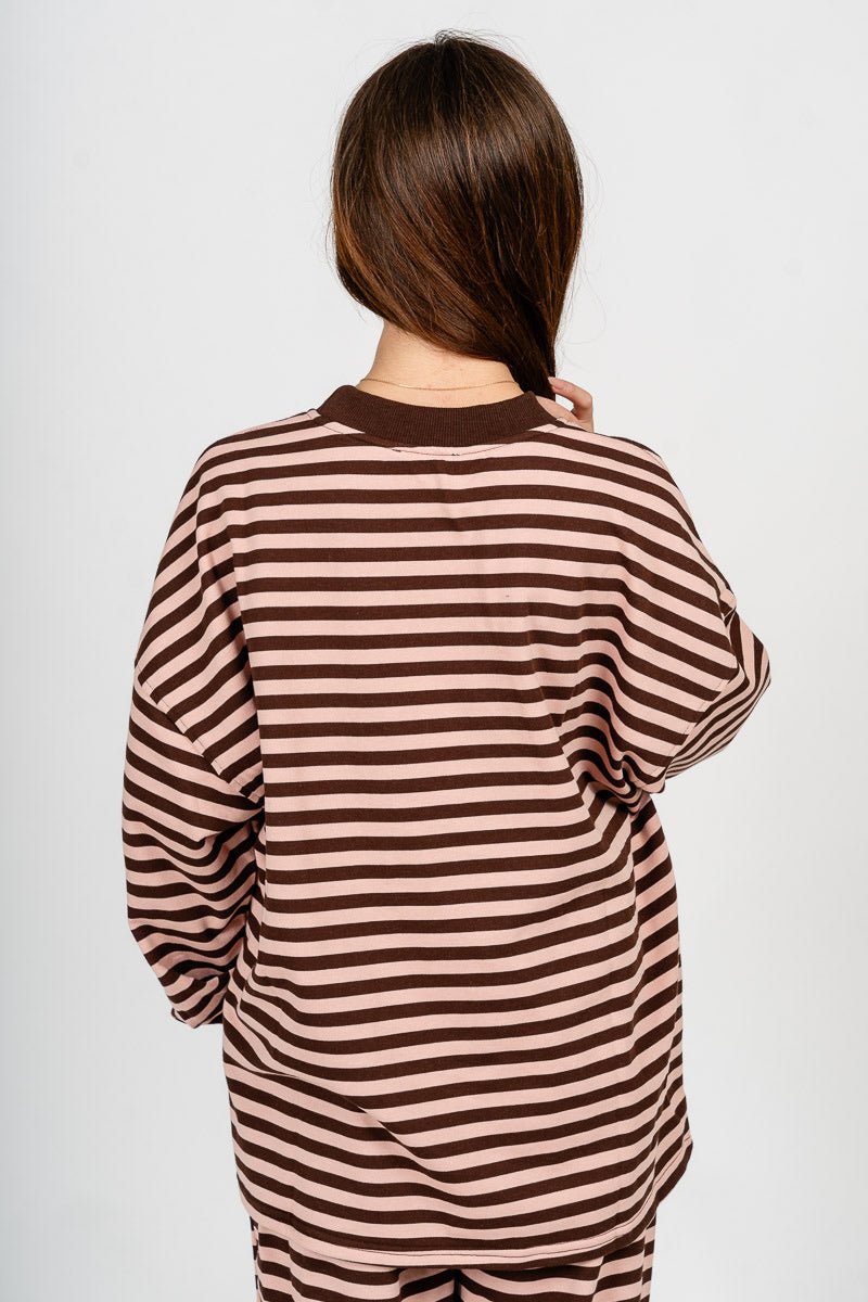 Striped sweatshirt pink/brown - Adorable Sweatshirt - Stylish Comfortable Outfits at Lush Fashion Lounge Boutique in OKC