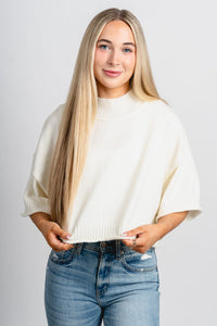 Short sleeve mock neck sweater off white – Boutique Sweaters | Fashionable Sweaters at Lush Fashion Lounge Boutique in Oklahoma City