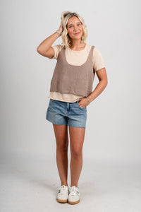 Layered knit tank top sweater sand beige Stylish top - Womens Fashion Tank Tops at Lush Fashion Lounge Boutique in Oklahoma City
