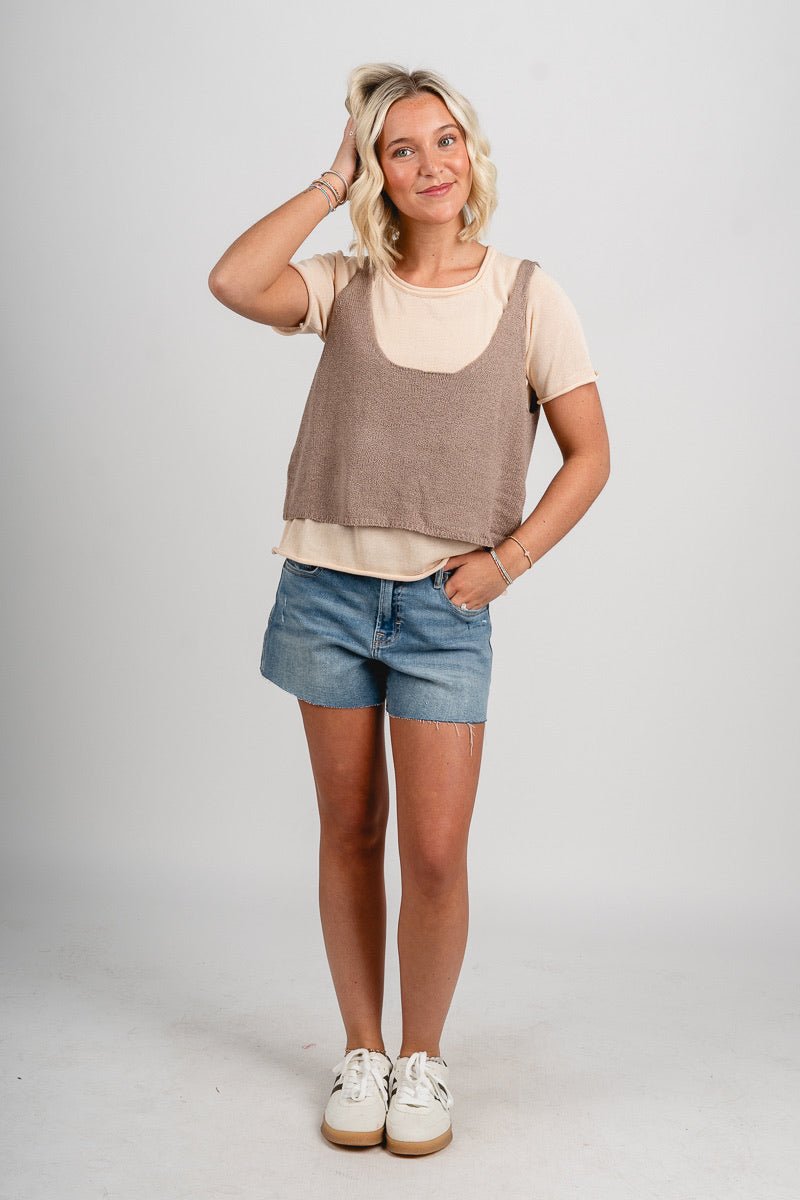 Layered knit tank top sweater sand beige Stylish top - Womens Fashion Tank Tops at Lush Fashion Lounge Boutique in Oklahoma City