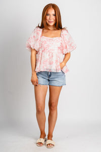 Floral puff sleeve top white/pink - Stylish top - Trendy Staycation Outfits at Lush Fashion Lounge Boutique in Oklahoma City