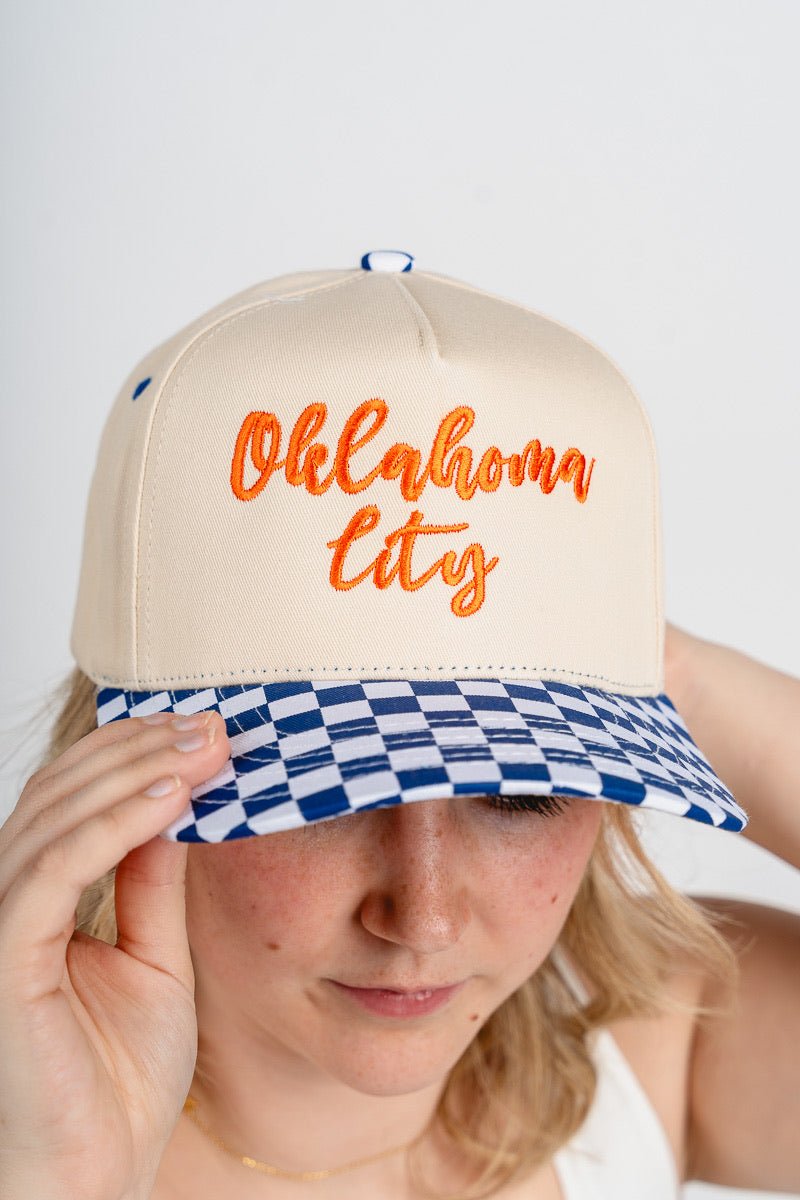 Oklahoma City cursive checkered hat blue - Trendy Hats at Lush Fashion Lounge Boutique in Oklahoma City