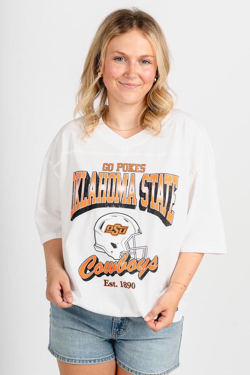 OSU OSU Cowboys football v-neck t-shirt white T-shirt | Lush Fashion Lounge Trendy Oklahoma State Cowboys Apparel & Cute Gameday T-Shirts