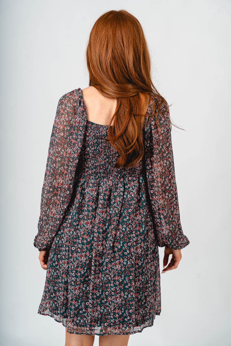 Floral babydoll dress dark green