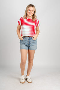 Striped crop tee red/white - Stylish Top - Trendy American Summer Fashion at Lush Fashion Lounge Boutique in Oklahoma