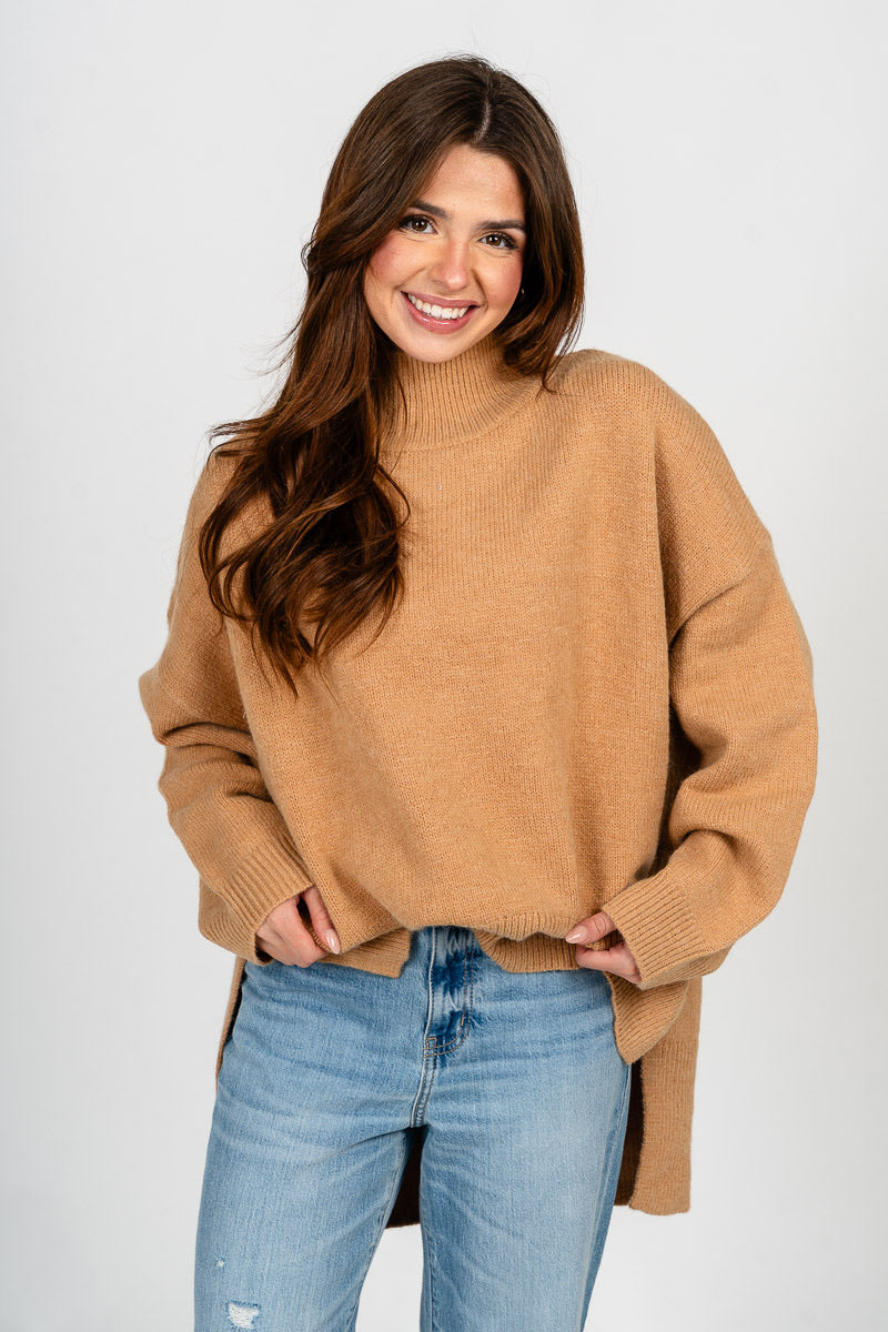 Mock neck oversized sweater camel – Boutique Sweaters | Fashionable Sweaters at Lush Fashion Lounge Boutique in Oklahoma City