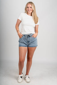 High rise tie waist denim shorts light denim Stylish shorts - Womens Fashion Shorts at Lush Fashion Lounge Boutique in Oklahoma City