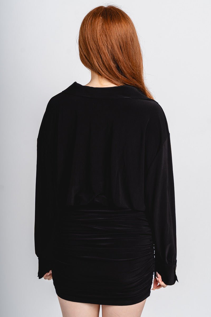 Ruched blouse dress black