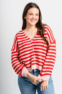 Striped sweater cardigan red/pink - Unique Valentine's Day T-Shirt Designs at Lush Fashion Lounge Boutique in Oklahoma City