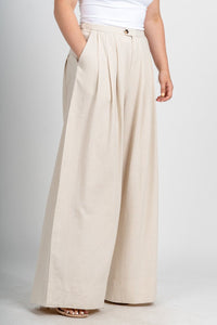 Pleated wide leg linen pants oatmeal | Lush Fashion Lounge: women's boutique pants, boutique women's pants, affordable boutique pants, women's fashion pants