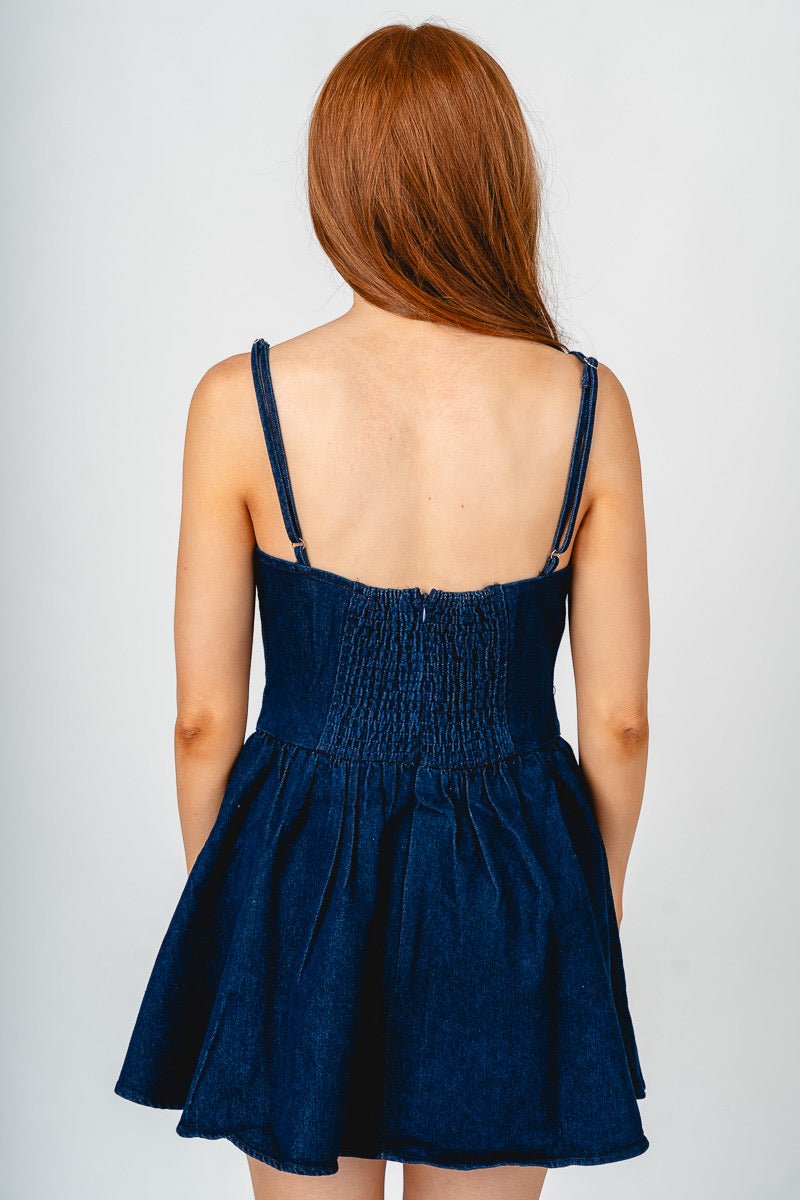 Scallop trim denim mini dress dark denim