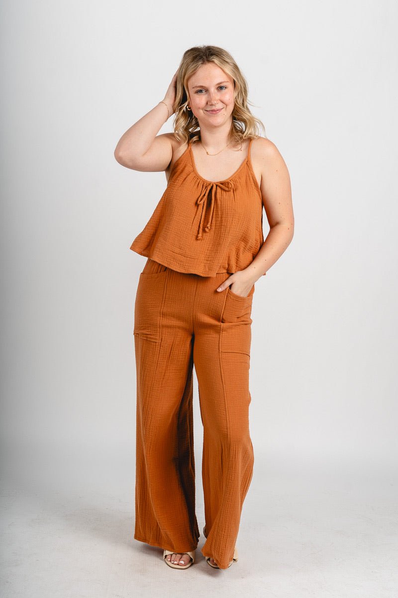 Tie detail gauze tank top maple - Trendy Tank Top - Fashion Tank Tops at Lush Fashion Lounge Boutique in Oklahoma City
