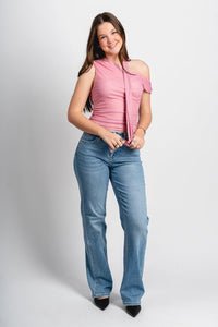 Asymmetrical polka dot mesh top light pink - Trendy Valentine's T-Shirts at Lush Fashion Lounge Boutique in Oklahoma City