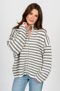 Striped zip up sweater heather grey/ivory – Boutique Sweaters | Fashionable Sweaters at Lush Fashion Lounge Boutique in Oklahoma City