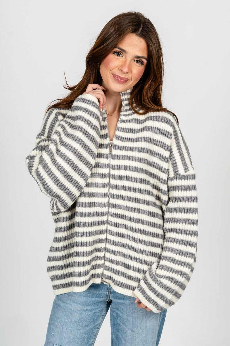 Striped zip up sweater heather grey/ivory – Boutique Sweaters | Fashionable Sweaters at Lush Fashion Lounge Boutique in Oklahoma City