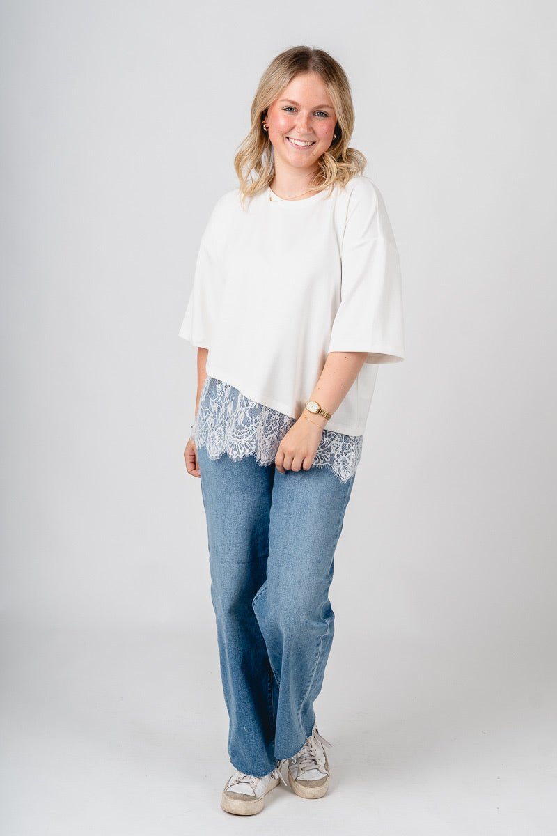 Short sleeve lace trim top off white