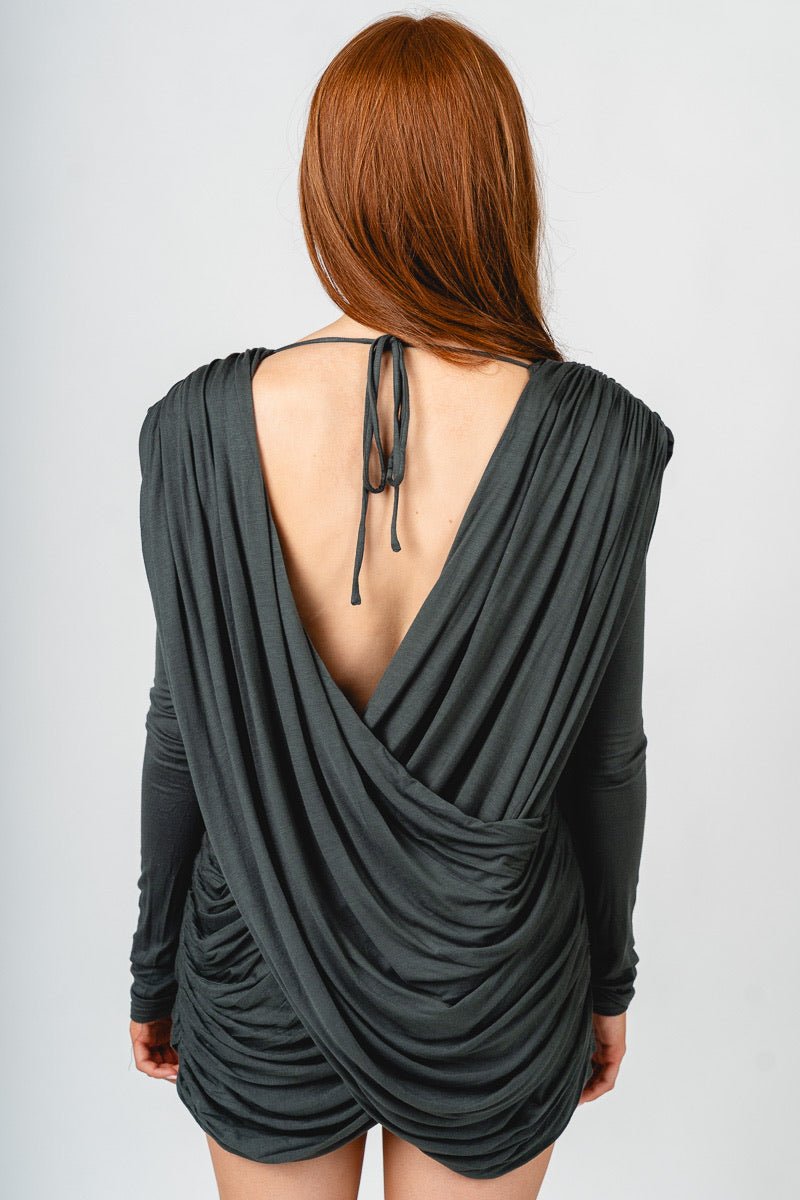 Draped plunge romper dark green