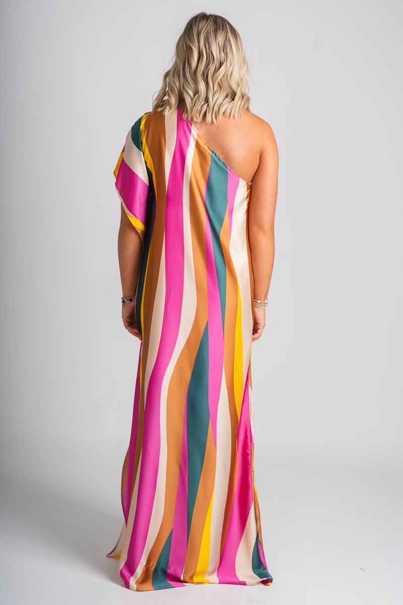 One shoulder sunset maxi dress pink multi - Fun dress - Unique Getaway Gear at Lush Fashion Lounge Boutique in Oklahoma