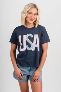 USA floral stars & stripes tee navy - Trendy T-shirt - Cute American Summer Collection at Lush Fashion Lounge Boutique in Oklahoma City