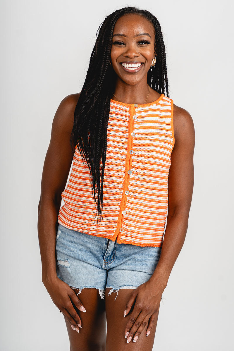 Striped crochet sleeveless sweater orange/cream