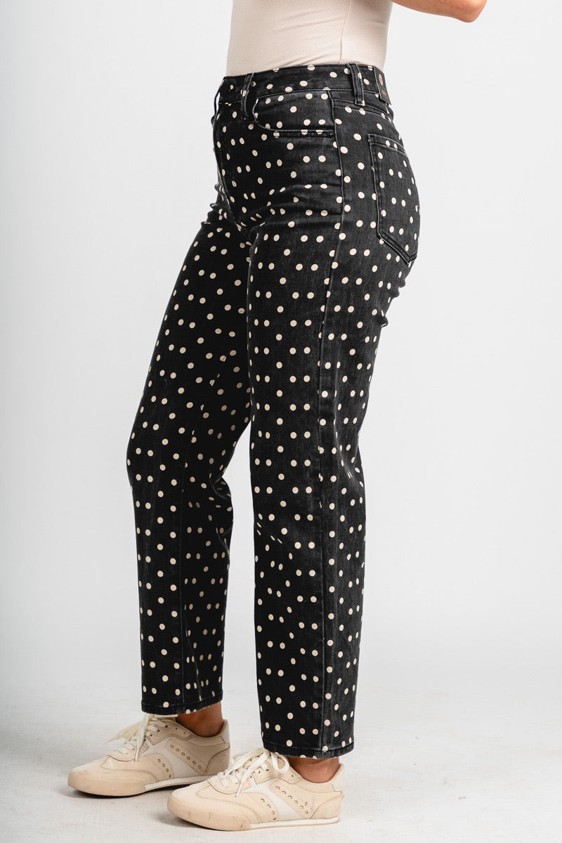 High rise polka dot straight jeans black/white