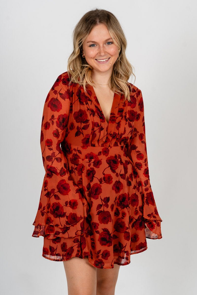 Floral long sleeve flare dress red rouge