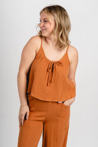 Tie detail gauze tank top maple - Affordable Tank Top - Boutique Tank Tops at Lush Fashion Lounge Boutique in Oklahoma City