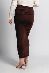 Ruched maxi skirt espresso | Lush Fashion Lounge: boutique fashion skirts, affordable boutique skirts, cute affordable skirts