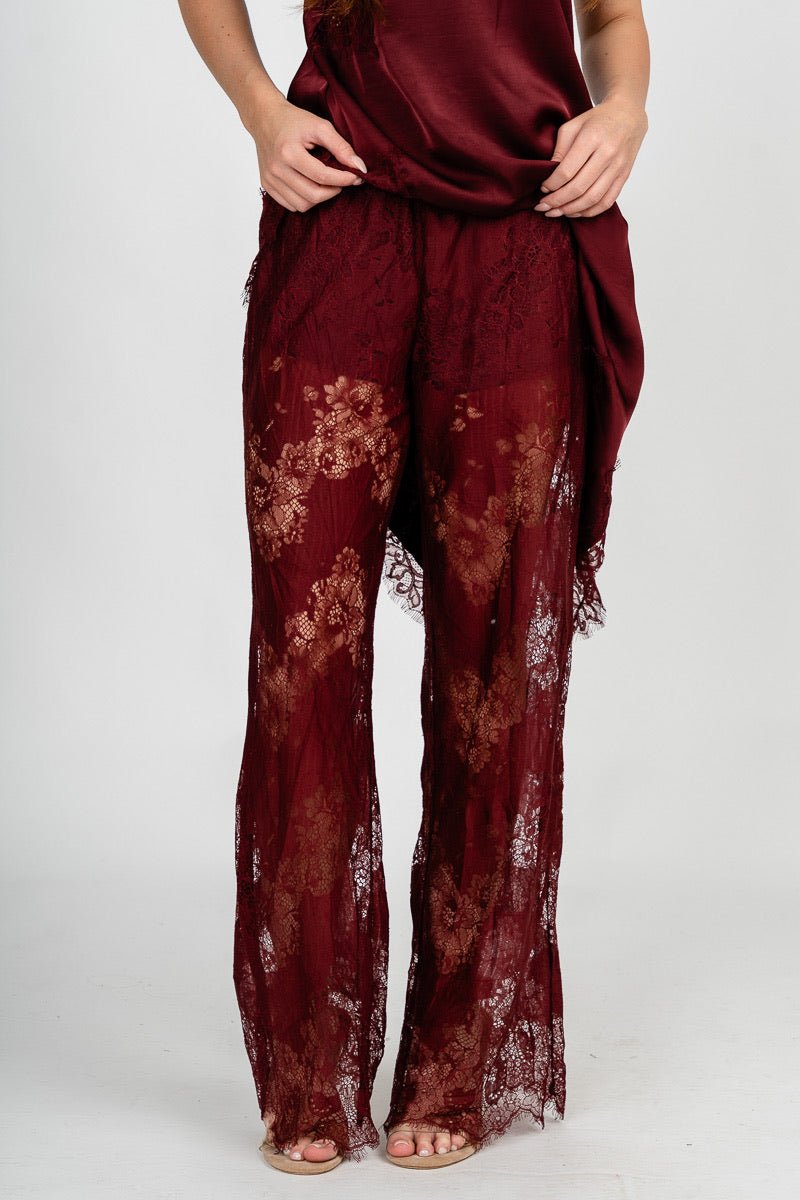 Lace wide leg pants burgundy | Lush Fashion Lounge: women's boutique pants, boutique women's pants, affordable boutique pants, women's fashion pants