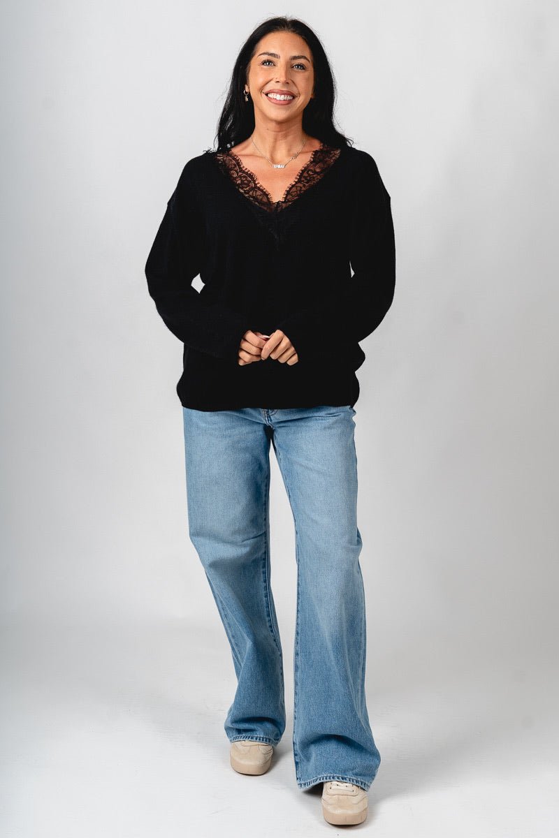 Lace trim sweater black – Unique Sweaters | Lounging Sweaters and Womens Fashion Sweaters at Lush Fashion Lounge Boutique in Oklahoma City