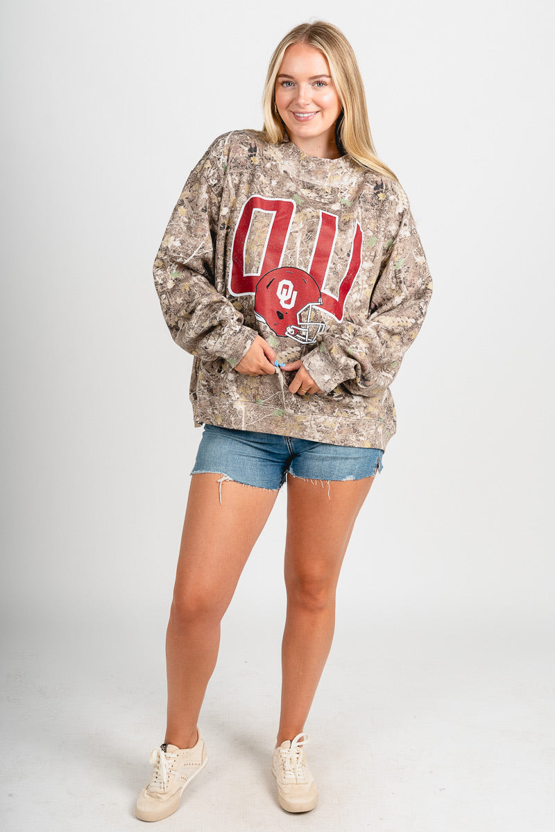 OU OU Sooners helmet fade mock neck sweatshirt camo Sweatshirt | Lush Fashion Lounge Trendy Oklahoma University Sooners Apparel & Cute Gameday T-Shirts