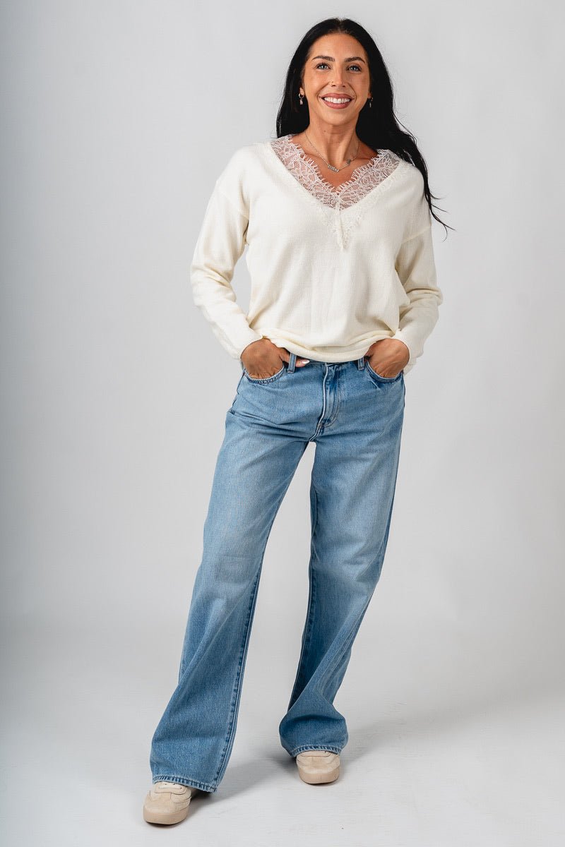 Lace trim sweater cream – Unique Sweaters | Lounging Sweaters and Womens Fashion Sweaters at Lush Fashion Lounge Boutique in Oklahoma City