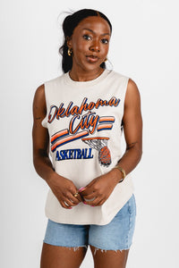 OKC basketball script swish muscle tank top bone - Trendy Oklahoma City Basketball T-Shirts Lush Fashion Lounge Boutique in Oklahoma City
