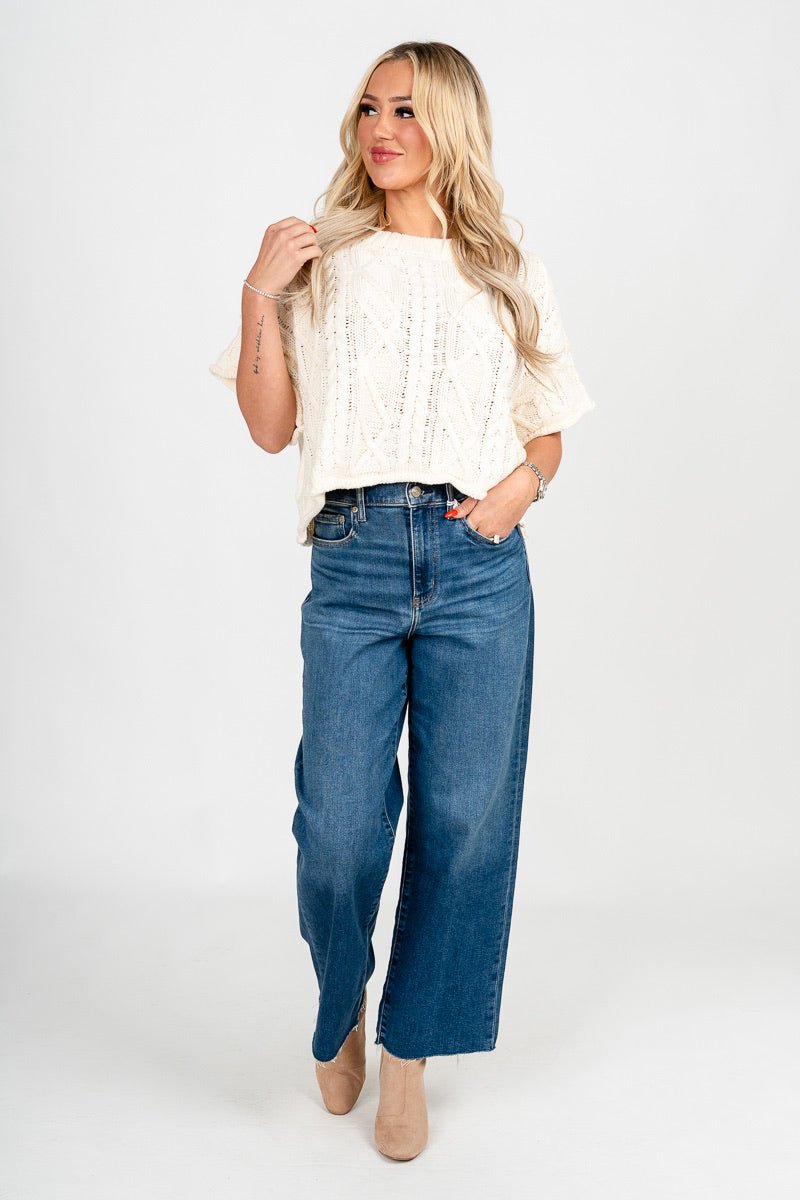 Cable knit short sleeve sweater cream – Unique Sweaters | Lounging Sweaters and Womens Fashion Sweaters at Lush Fashion Lounge Boutique in Oklahoma City