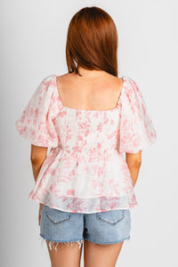 Floral puff sleeve top white/pink - Adorable top - Stylish Vacation T-Shirts at Lush Fashion Lounge Boutique in Oklahoma City