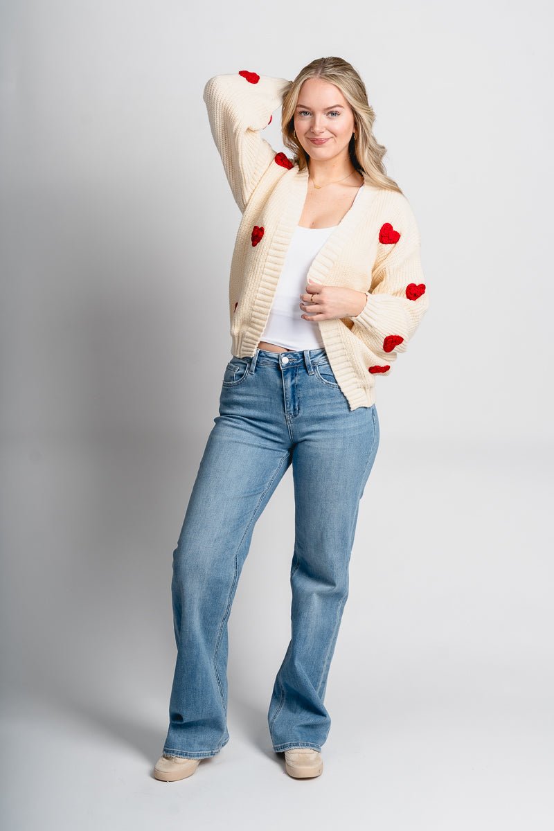 Heart print cardigan cream - Cute Valentine's Day Outfits at Lush Fashion Lounge Boutique in Oklahoma City