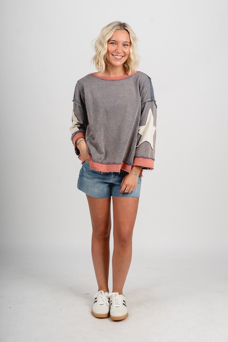 Stars mineral wash sweatshirt vintage navy - Fun top - Unique American Summer Ideas at Lush Fashion Lounge Boutique in Oklahoma