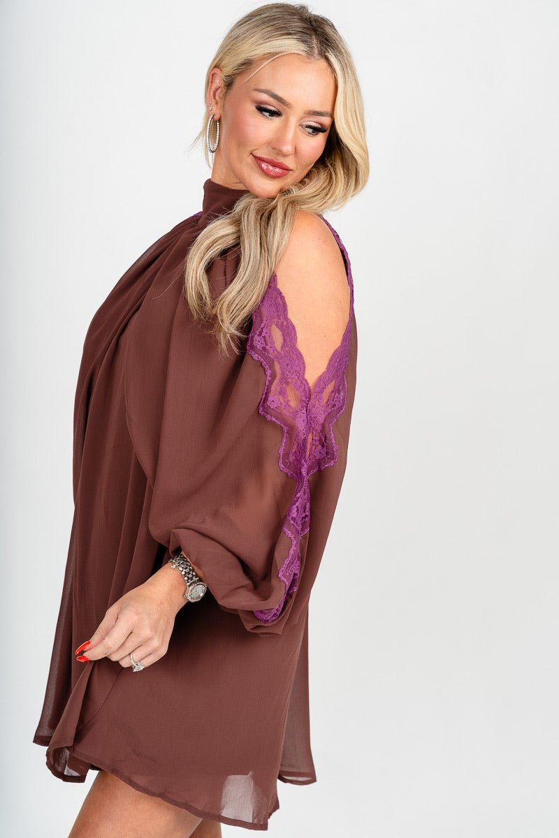 High neck chiffon lace mini dress brown
