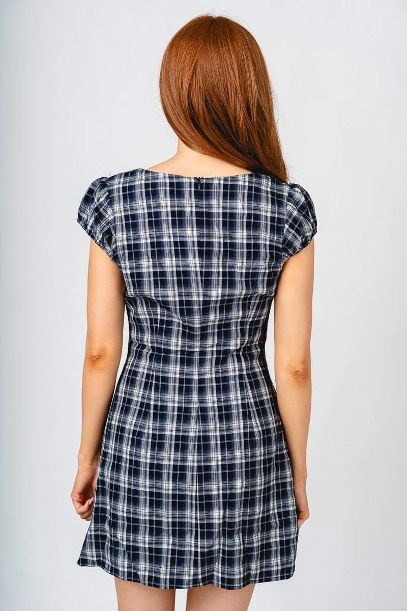 Square neck plaid mini dress navy/cream