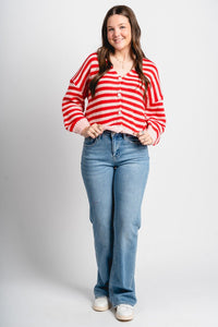 Striped sweater cardigan red/pink - Cute Valentine's Day Outfits at Lush Fashion Lounge Boutique in Oklahoma City