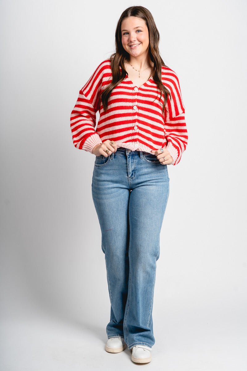 Striped sweater cardigan red/pink - Cute Valentine's Day Outfits at Lush Fashion Lounge Boutique in Oklahoma City