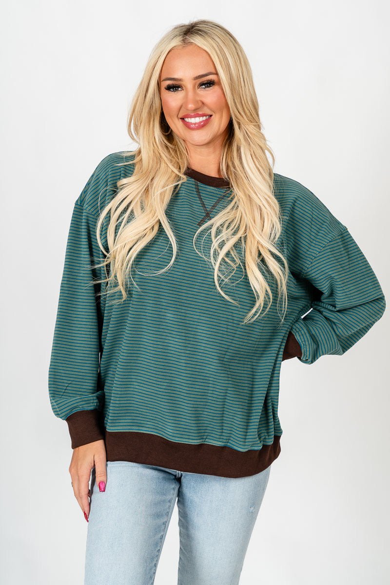 Crew neck striped sweatshirt dark sage/teal